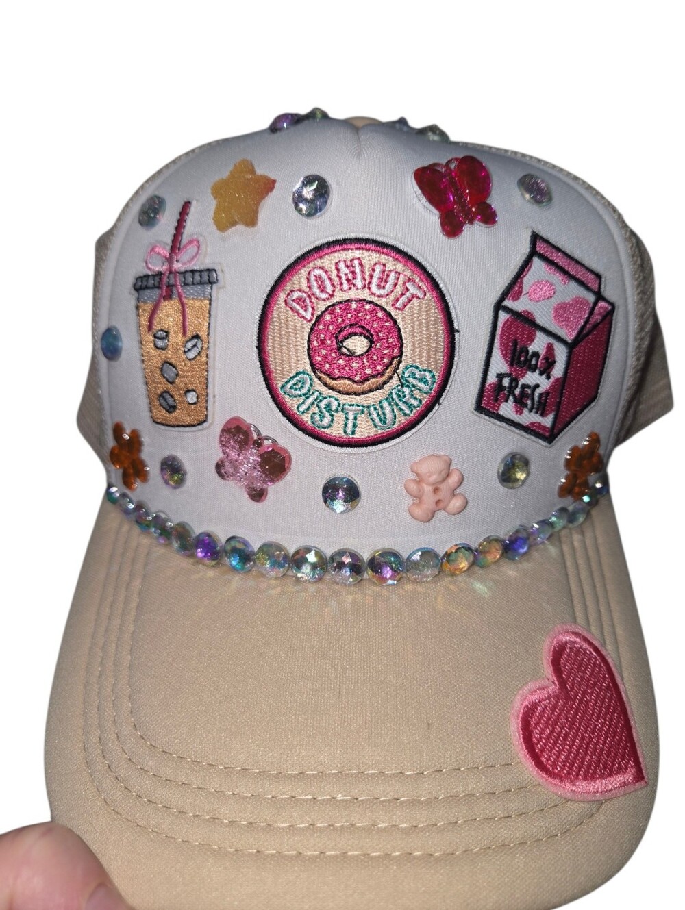 Donut Disturb Pink & Beige Embellished Women's Cap One Of A Kind!!